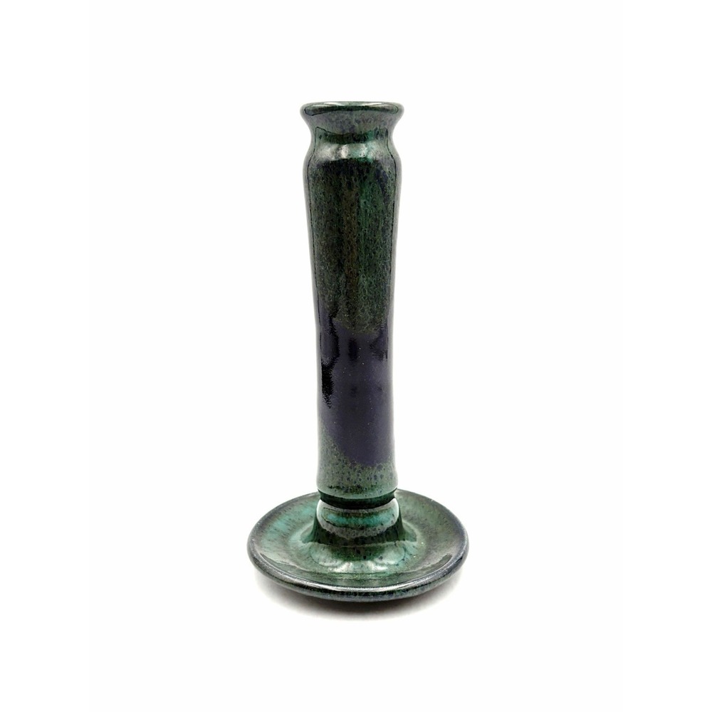 Vintage Studio Pottery Candlestick Artist Signed Teal Green Glaze Candle Holder